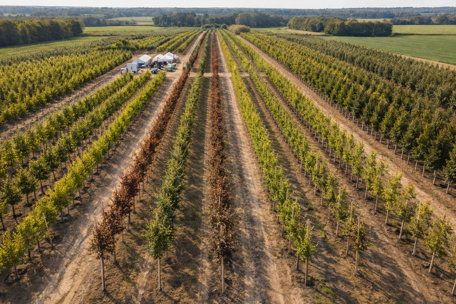 Aerial view of a European tree nursery with straight rows of young trees